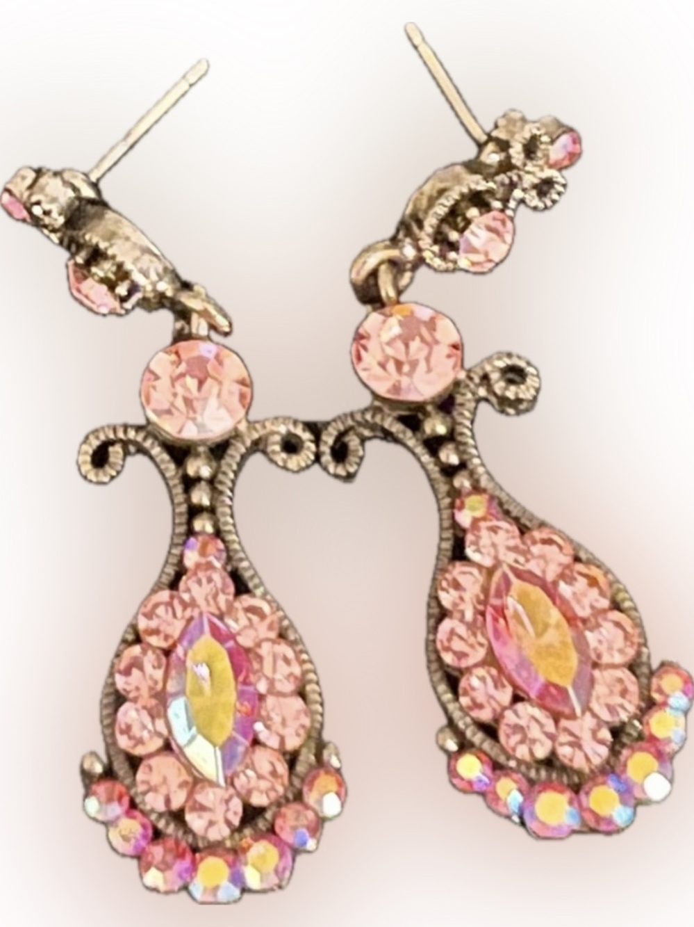 Vintage SNK 1980s Pink Crystal Gunmetal Victorian Chandelier Drop Earrings Shiny